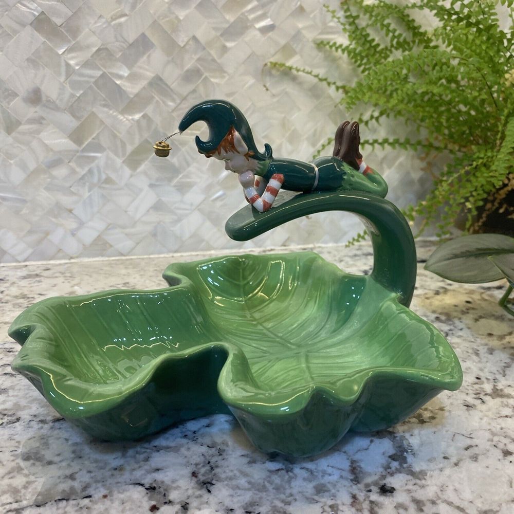 Department 56 Elf pixie Candy Dish Green Clover Christmas‎ St Patrick's Ceramic
